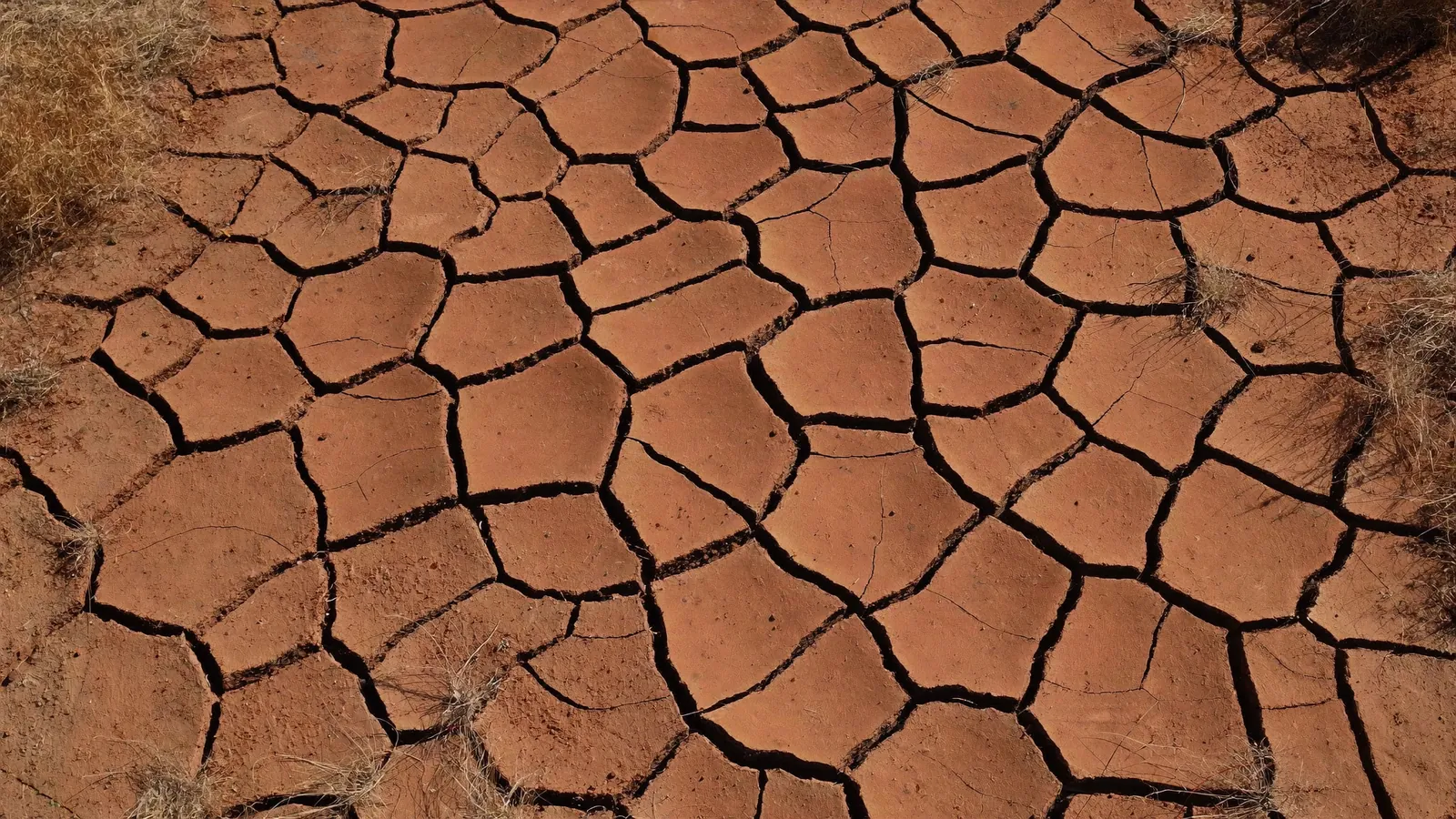 Close-up of deeply cracked, dried red clay soil during an Oklahoma summer drought, the fissures running several inches deep