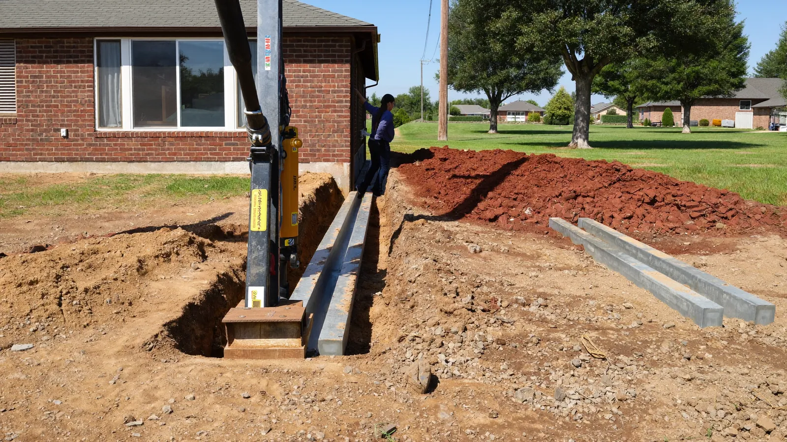 Crew installing a steel foundation pier in an excavated hole against the brick footing of a single-story Edmond, Oklahoma home, red clay spoil piled on a tarp beside the trench