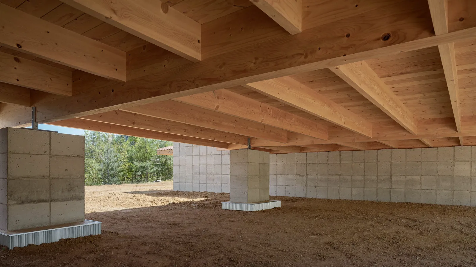 Underside of a pier-and-beam floor showing timber beams, floor joists and newly shimmed concrete pier blocks in the dirt crawl space